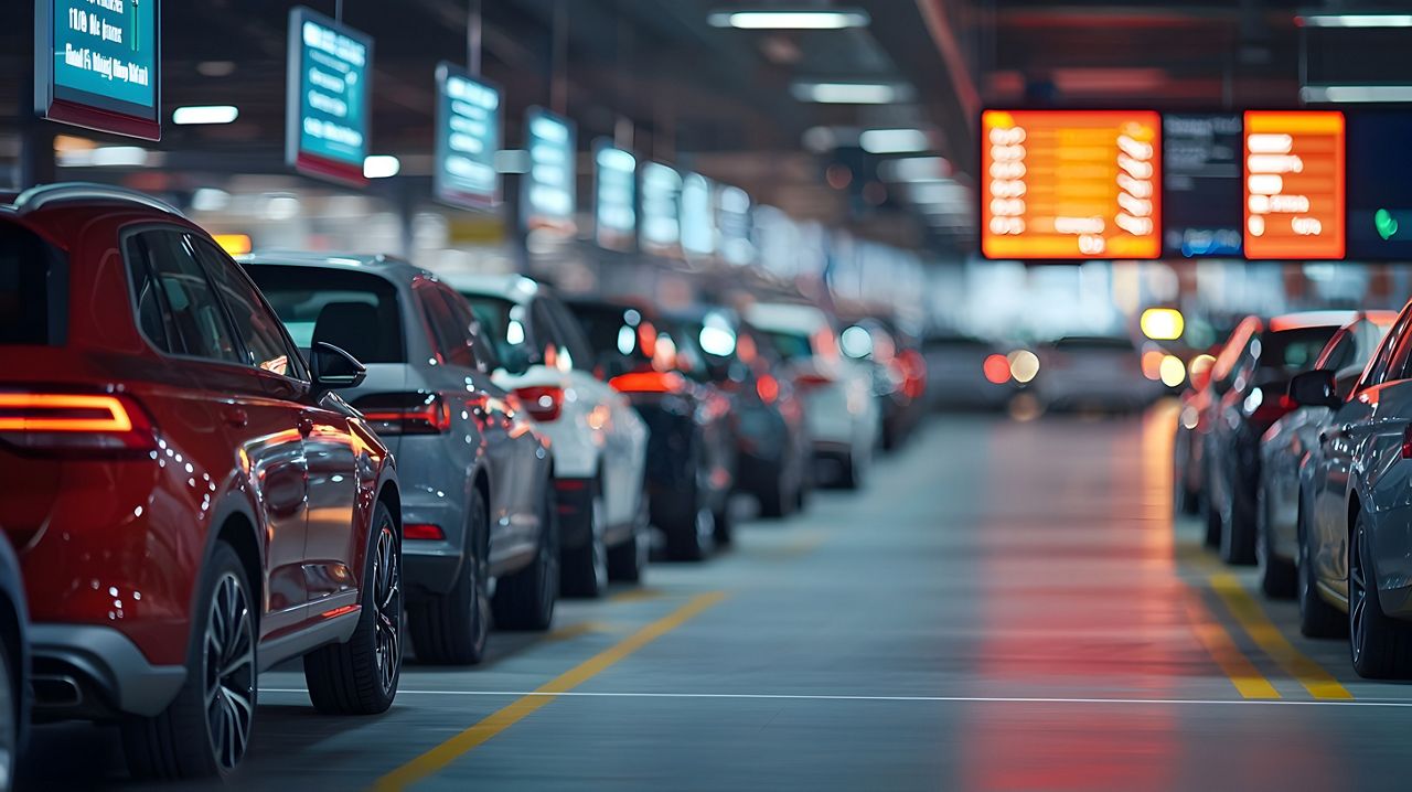 Row of rental cars at airport garage
