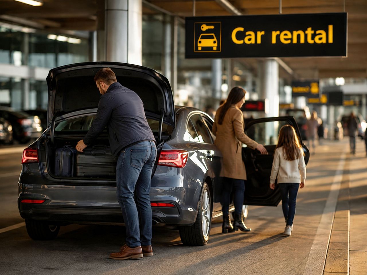 Family loading a rental car