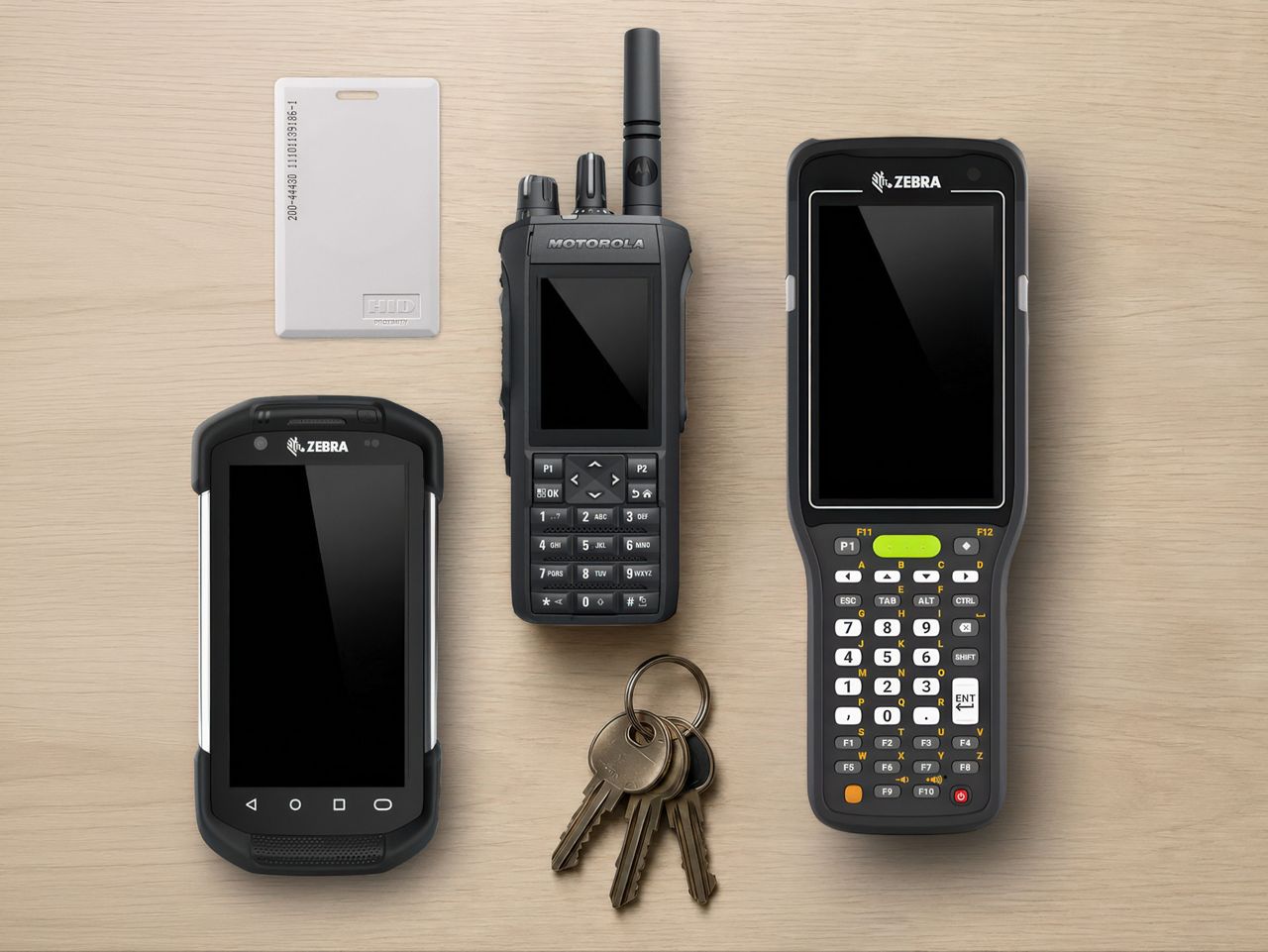 Retail store devices and assets on a wood table