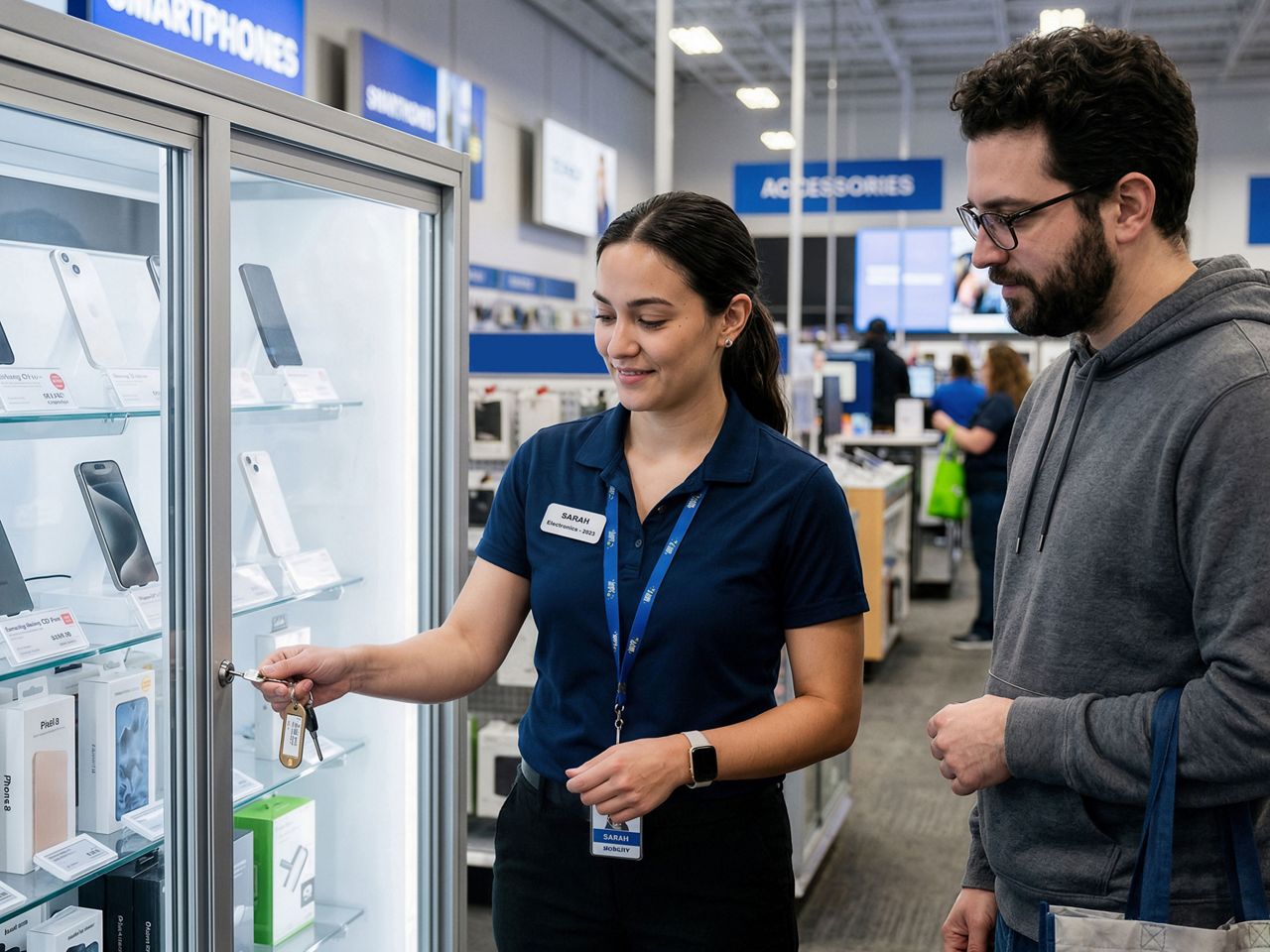 Retail worker opening a locked display cabinet