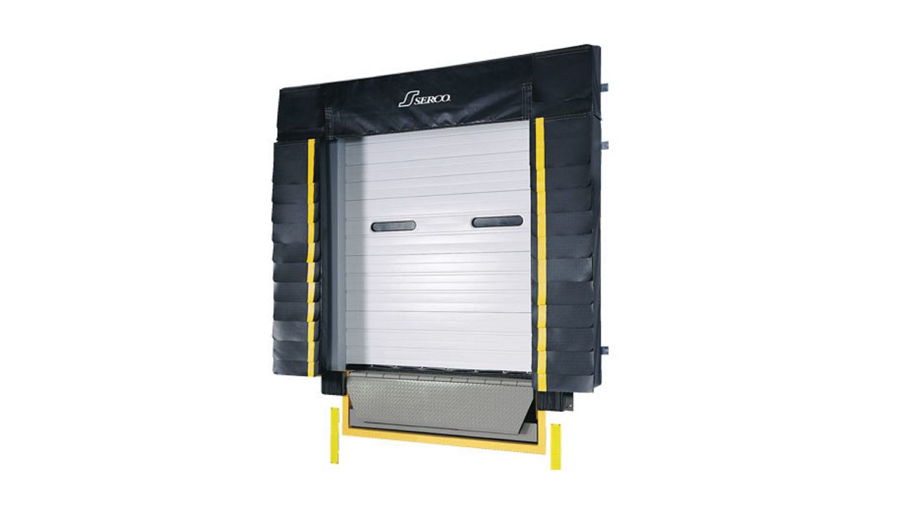 A white door with a black dock seal.