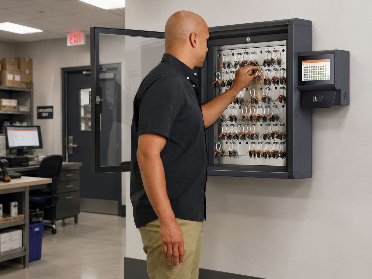 Retail worker accessing a Traka key cabinet