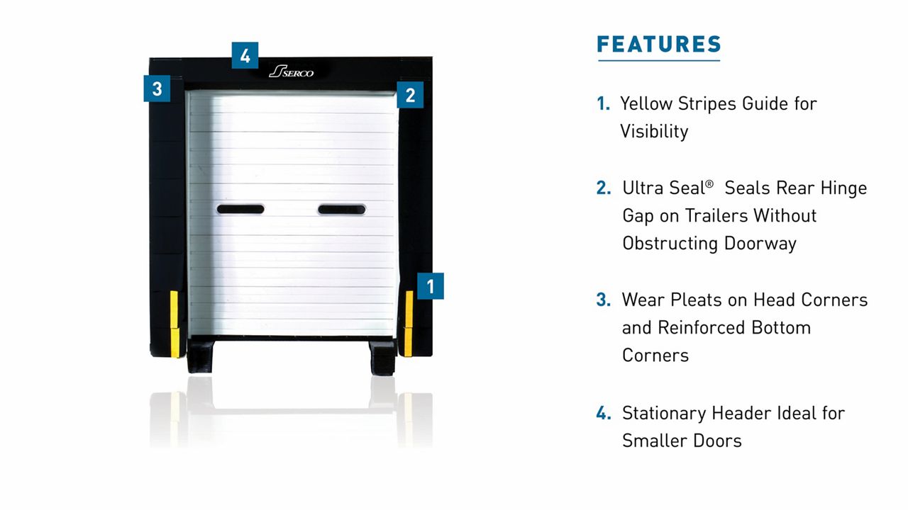 The S-1000 Series ULTRA-SEAL Foam Dock Seal with Head Pad with blue callout boxes highlighting key features.