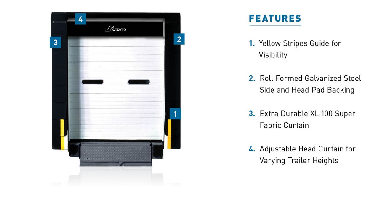The S-2000 Series ULTRA-SEAL Foam Dock Seal with Head Curtain with blue callout boxes highlighting key features.
