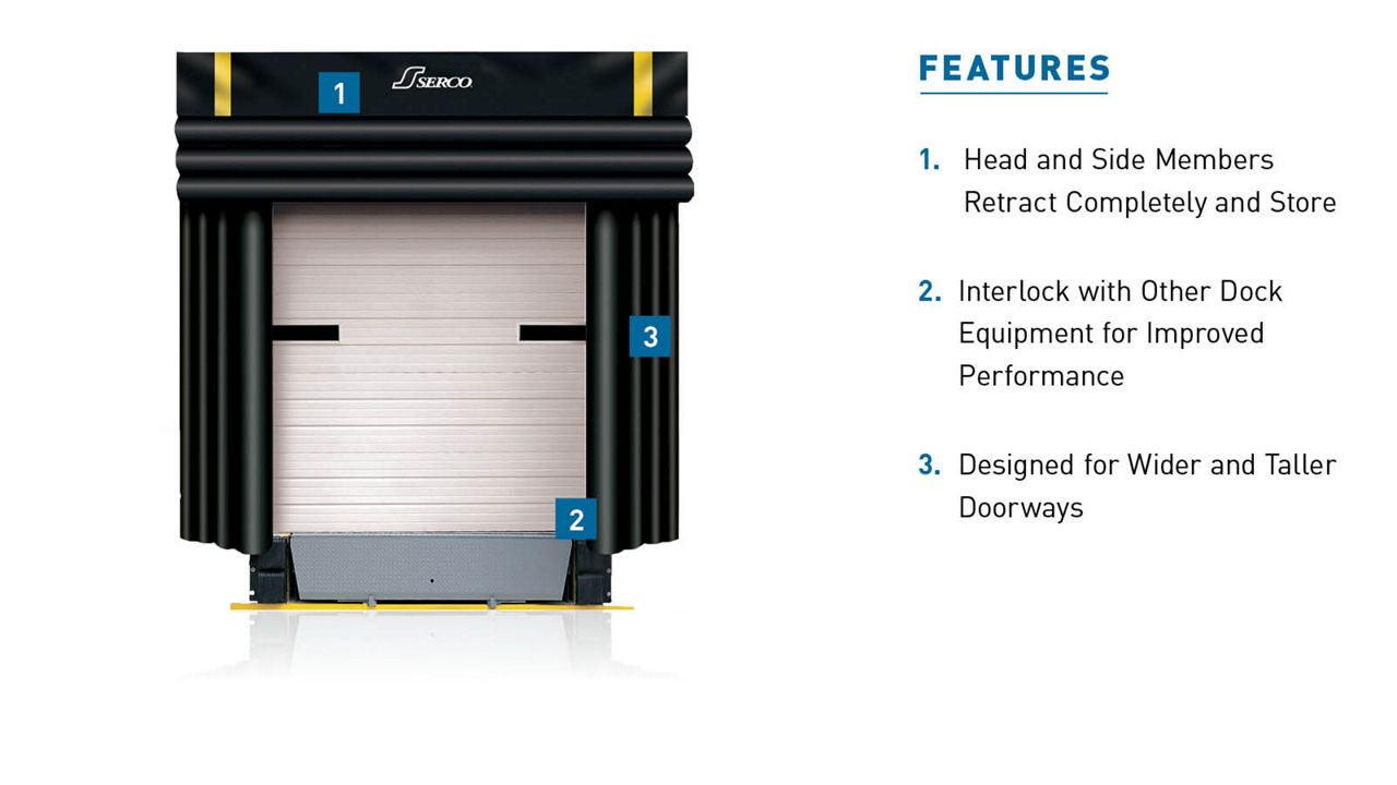 The SI-400 Adjustable Frameless Inflatable Dock Shelter with blue callout boxes highlighting key features.