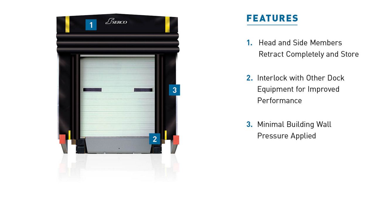The SI-450 Rigid Frame Inflatable Dock Shelter with blue callout boxes highlighting key features.