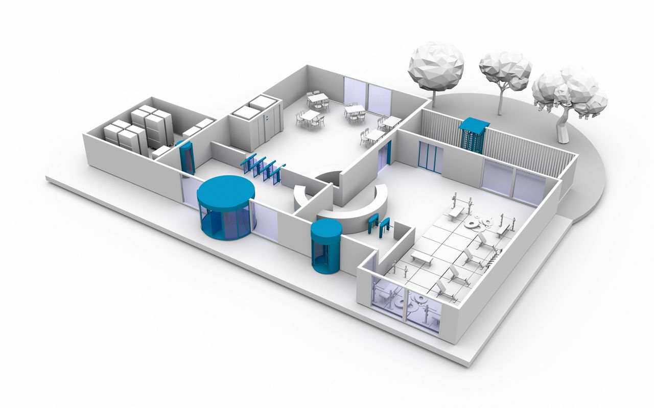 Plan piętra budynku z systemami zabezpieczeń wejściowych