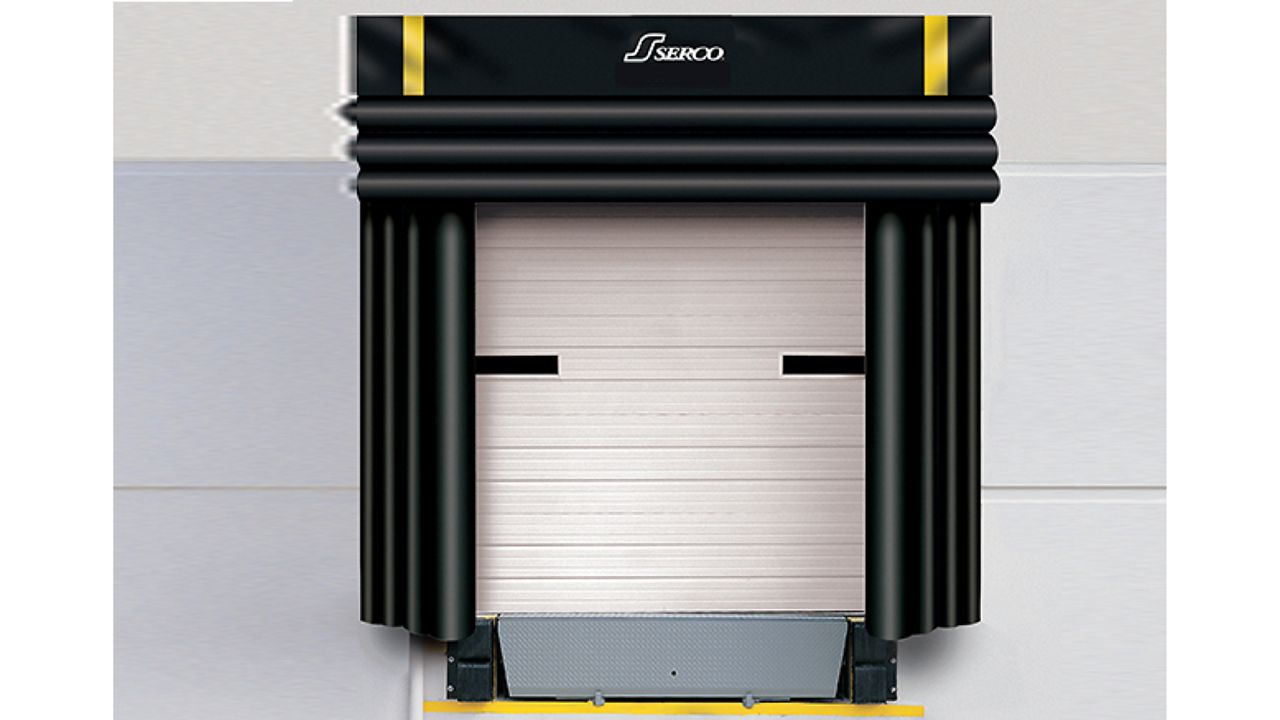 A white door with a black inflatable dock shelter.