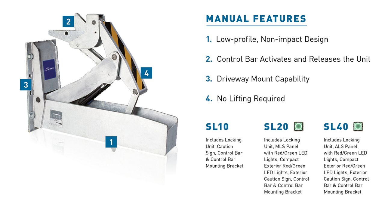 The SL Manual Vehicle Restraint with blue callout boxes highlighting key features.