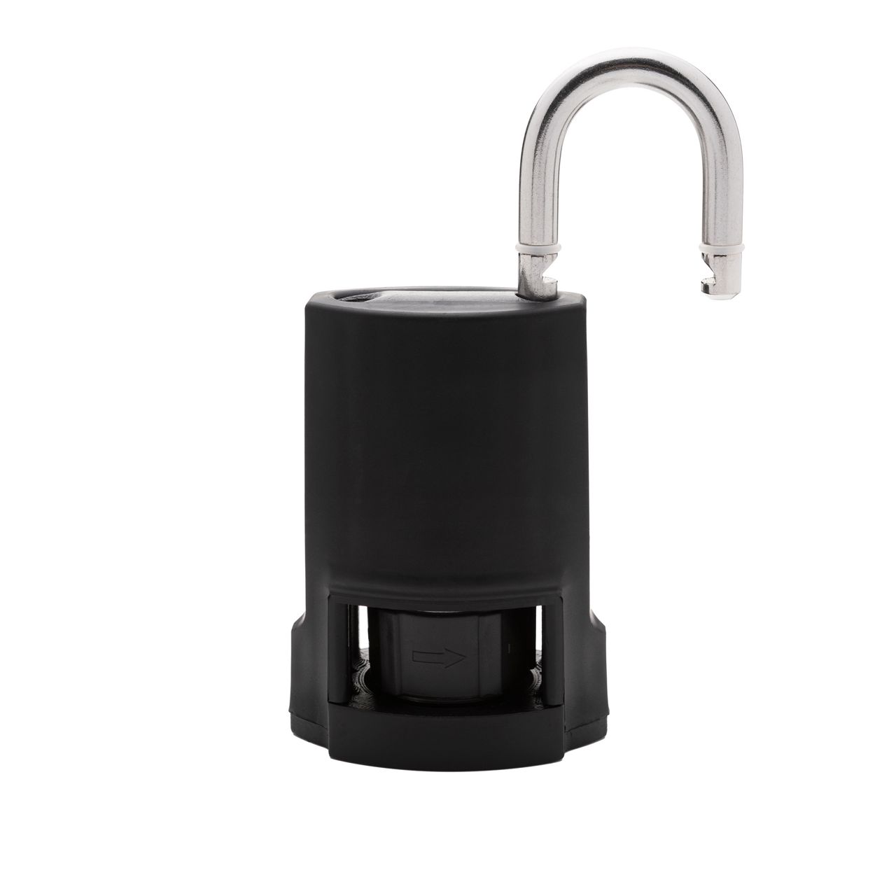Image: Contemporary black finish with stainless steel shackle