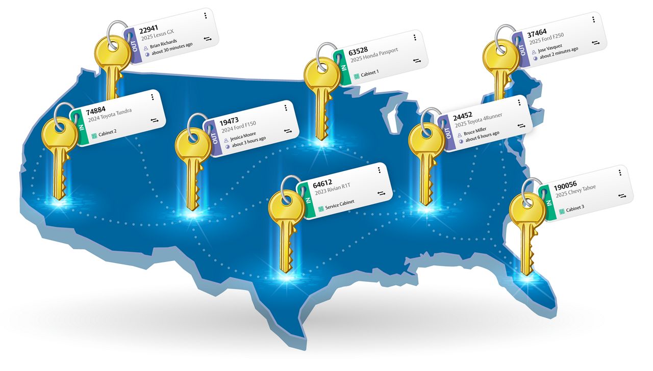 Graphic representing KEYper GO being to manage keys across a network of dealership locations