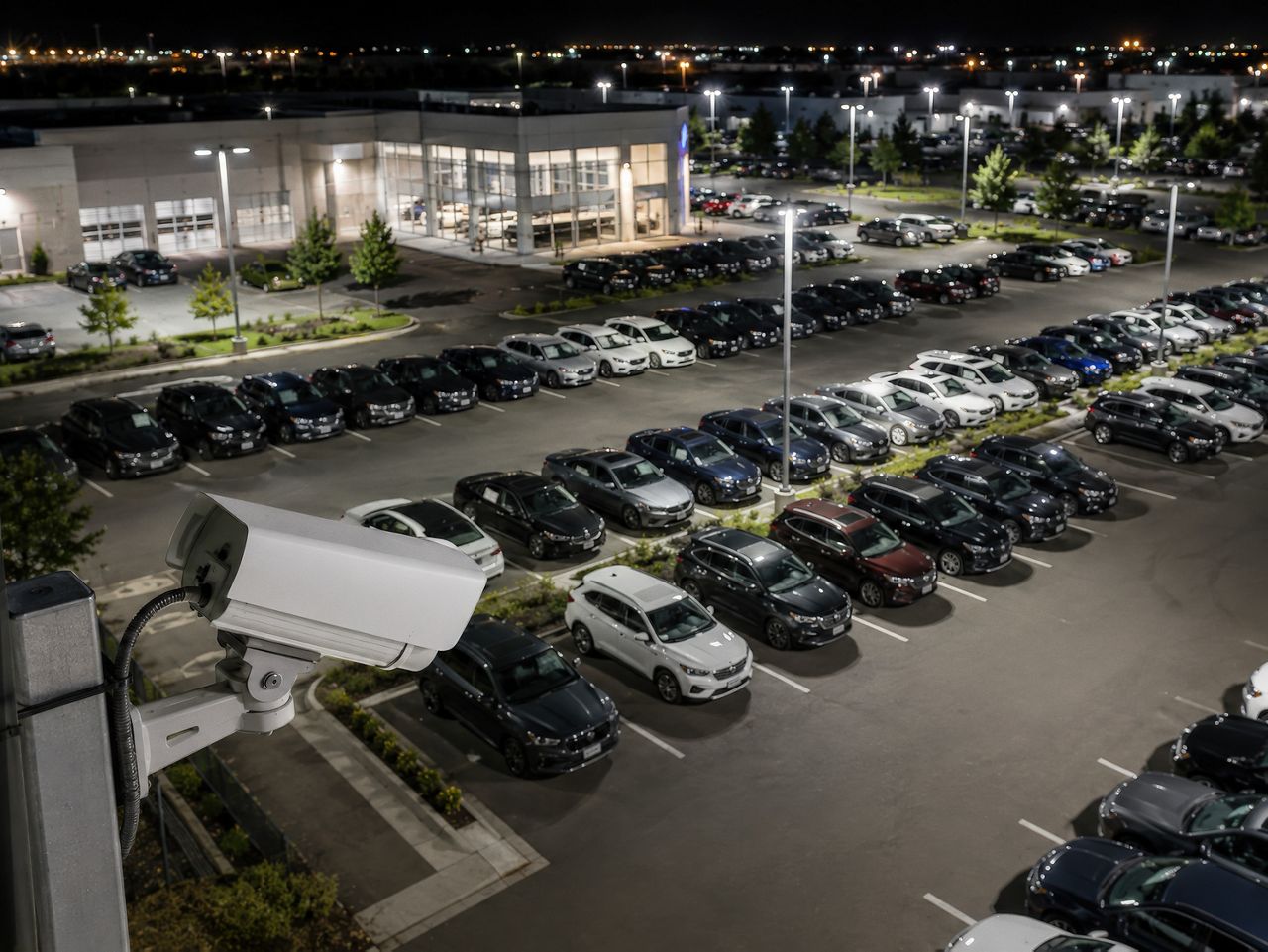 Security Camera viewing dealership lot at night