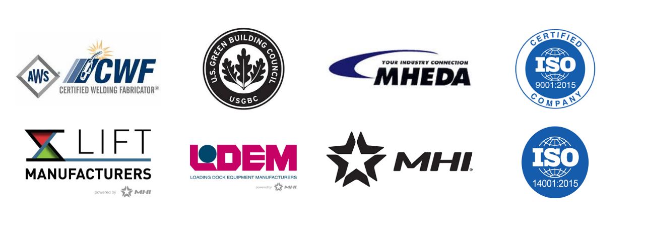 Awards and certifications given to Serco by AWS, USGBC, MHEDA, ISO, Lift Manufacturers, LODEM, and MHI