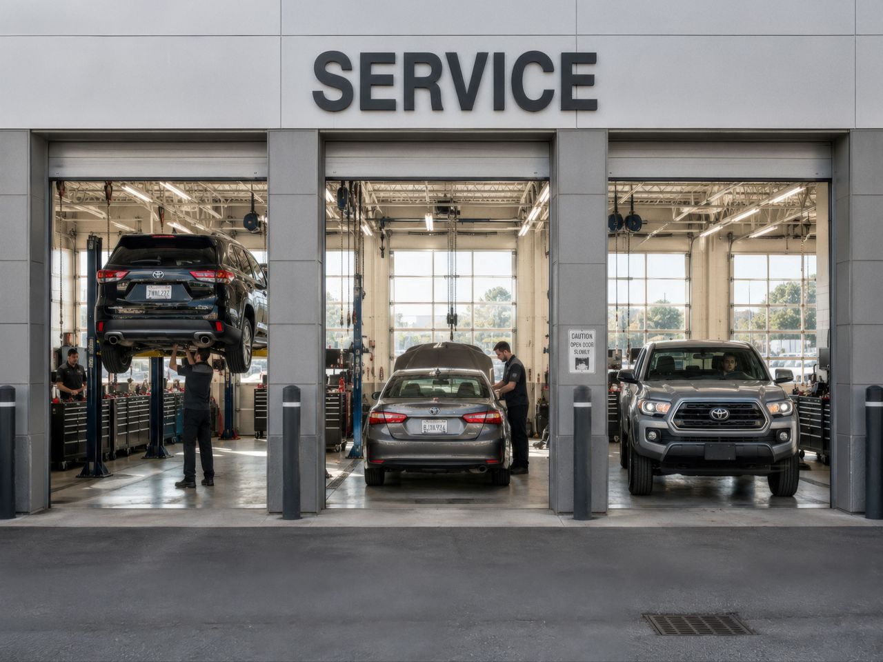 a busy service bay at an auto shop