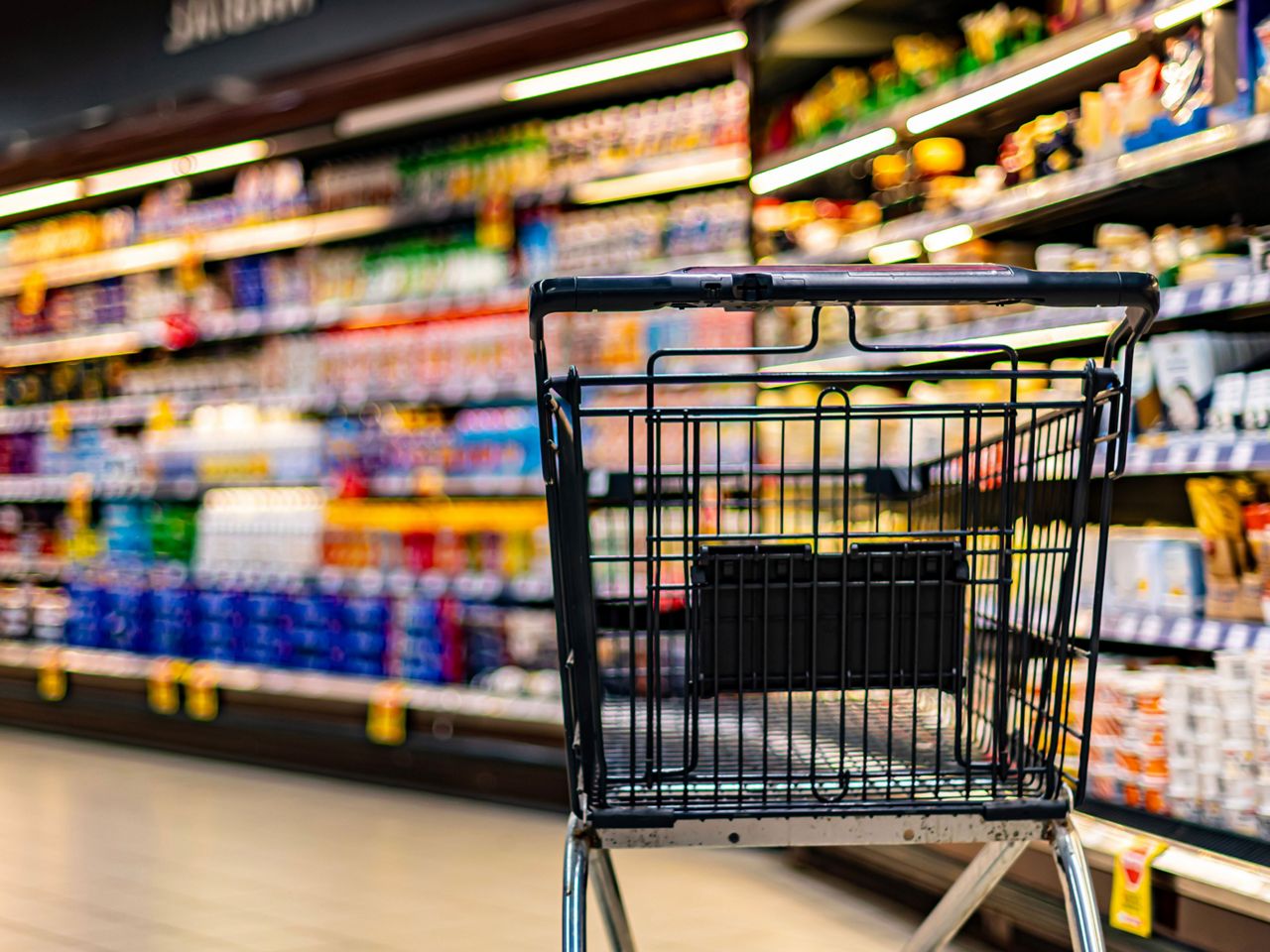 Shopping cart in the aisle of a grocery store