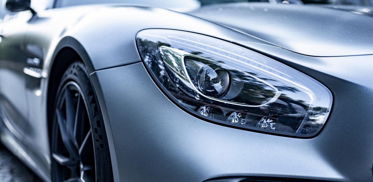 Closeup of silver sports car