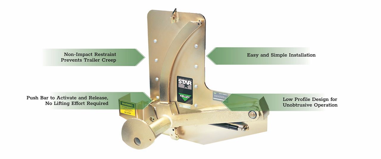 The Kelley STAR 1 Vehicle Restraint with green callout boxes highlighting key features.