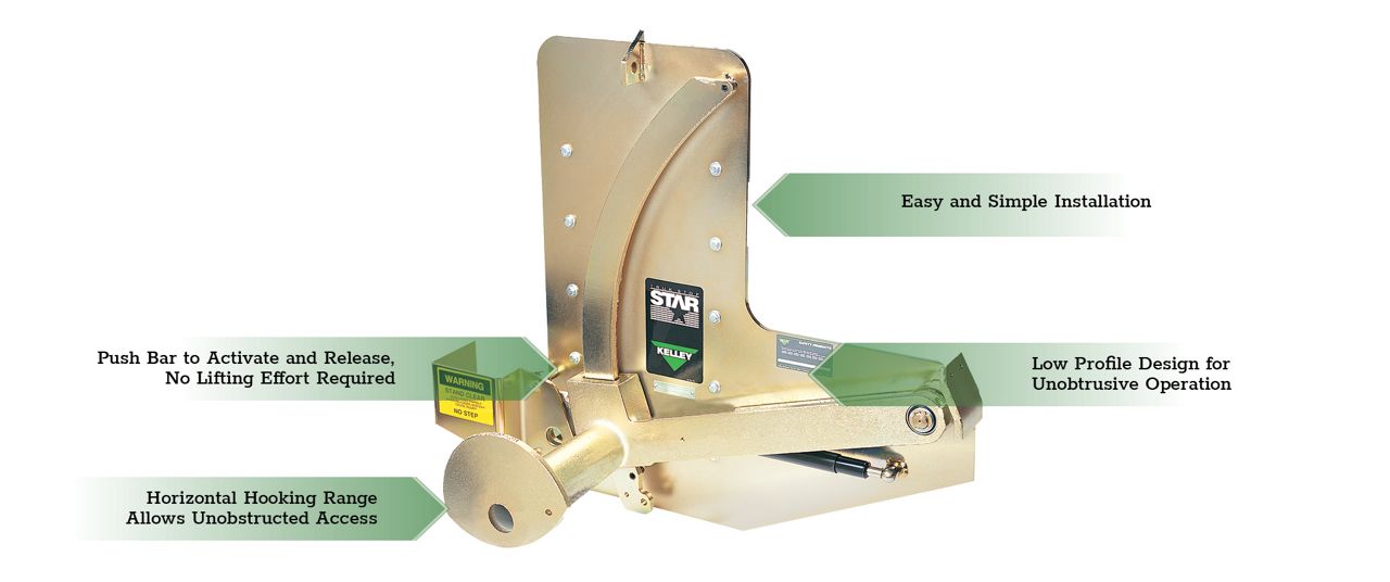 The Kelley STAR 1 Vehicle Restraint with TRUK ALERT with green callout boxes highlighting key features.