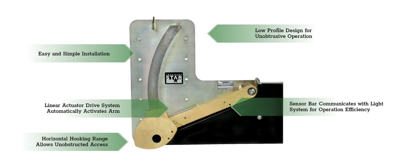 The Kelley STAR 4 Vehicle Restraint with green callout boxes highlighting key features.