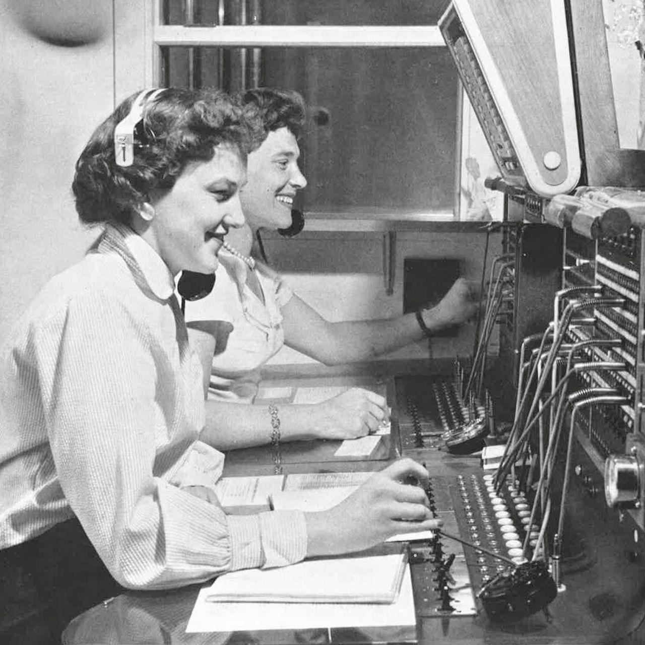 Picture taken in ASSA's switchboard at the time when the telephone operators connected the calls with cables.