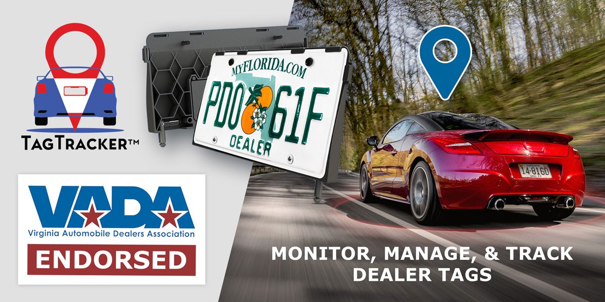 Splitscreen image. Left side has Tagtracker Logo and a picture of the product. Has VADA endorsement logo. Right side is a car with the words Monitor, Manger, & track dealer tags