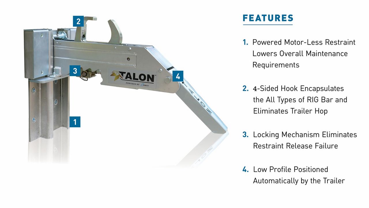 The Talon™ Trailer Restraint with blue callout boxes highlighting key features.