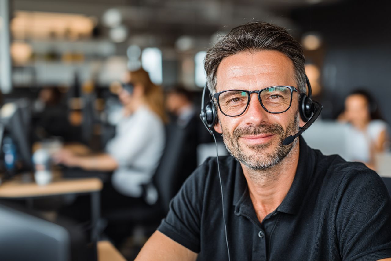 Mann im Helpdesk lächelt.