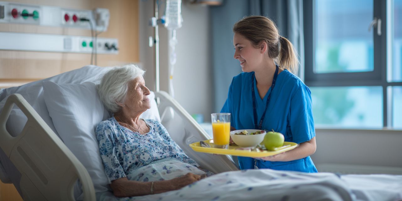 Betreuer/in, Pfleger/in, Überwachung einer älteren Frau im Krankenhausbett.