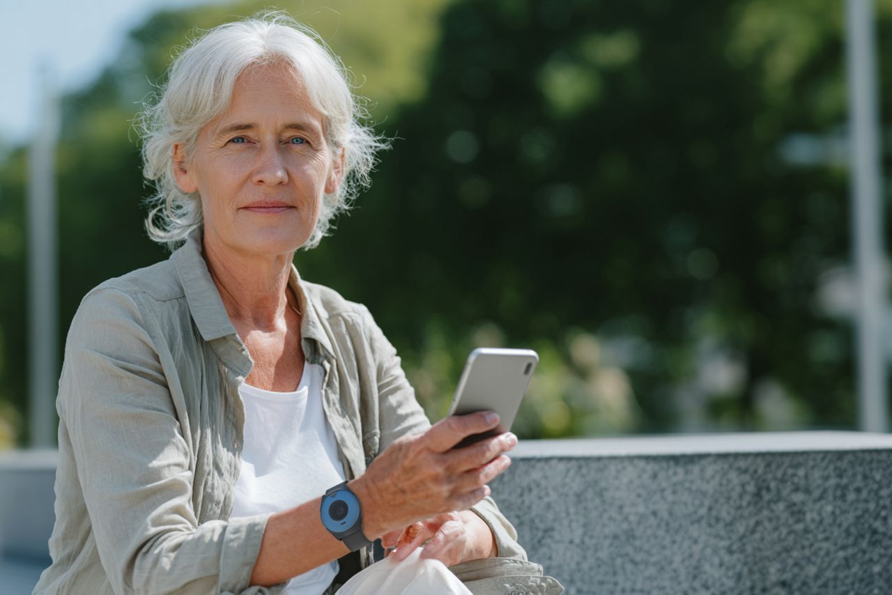 Ältere Frau sitzt im Freien und trägt ein TxGo Mobiles Sicherheitsgerät.