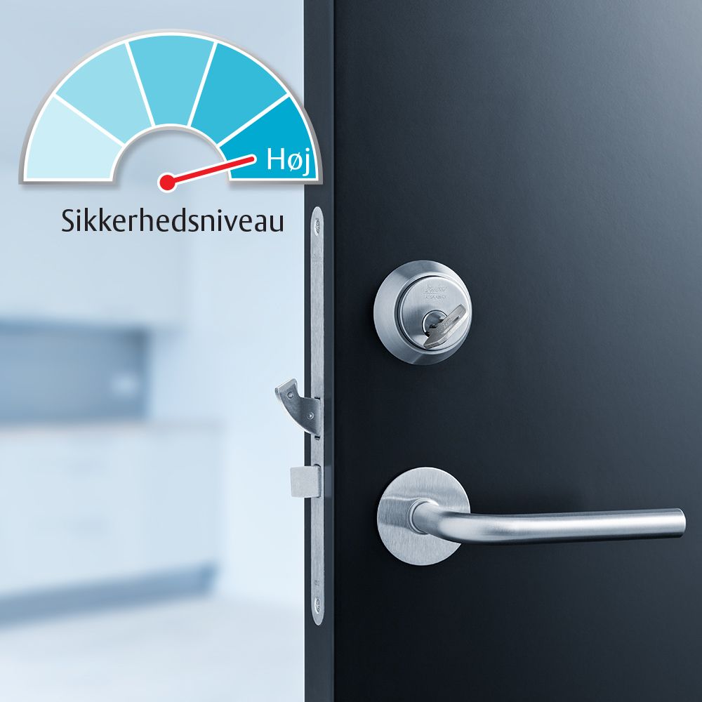 En cylinder på en sort dør med et sikkerhedsbarometer