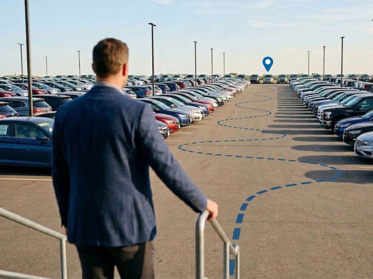 Man standing in a dealership lot with blue dotted line leading up to the location ping