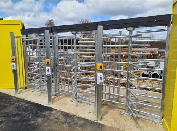 A row of Biosite turnstiles on a construction site