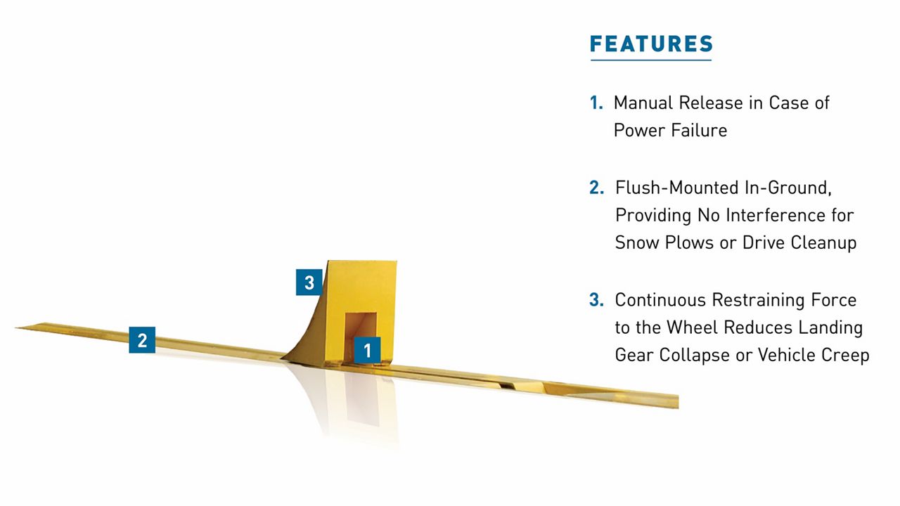 The UTC Wheel Restraint with blue callout boxes highlighting key features.