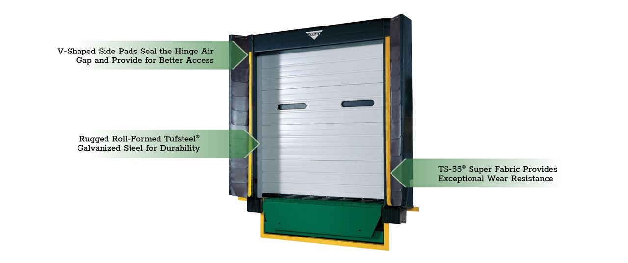 The Kelley VS Series V-Seal® Foam Dock Seal With Head Pad with green callout boxes highlighting key features.
