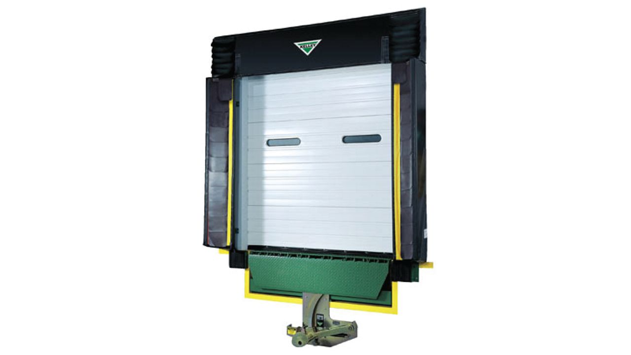 A V-Seal® foam dock seal featuring a hood-style head curtain, suitable for taller loading dock doorways, ensuring a tight sidewall seal