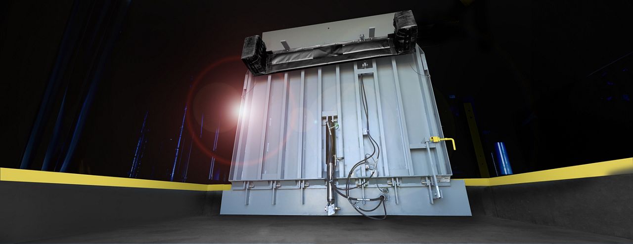 Kelley VSXL vertical storing dock leveler in an upright position on the home page