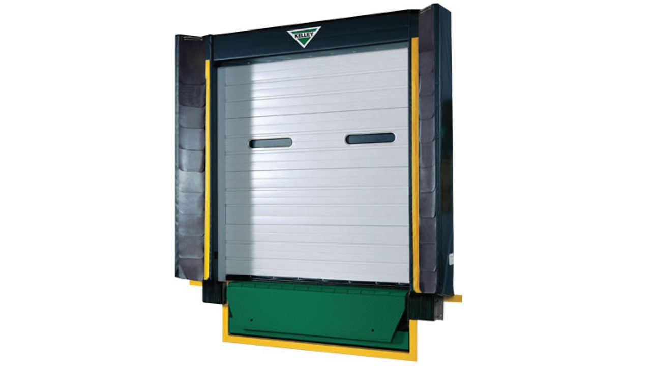 A V-Seal® foam dock seal with head pad, providing effective sealing for various trailer widths up to 8 feet 6 inches, enhancing trailer access.
