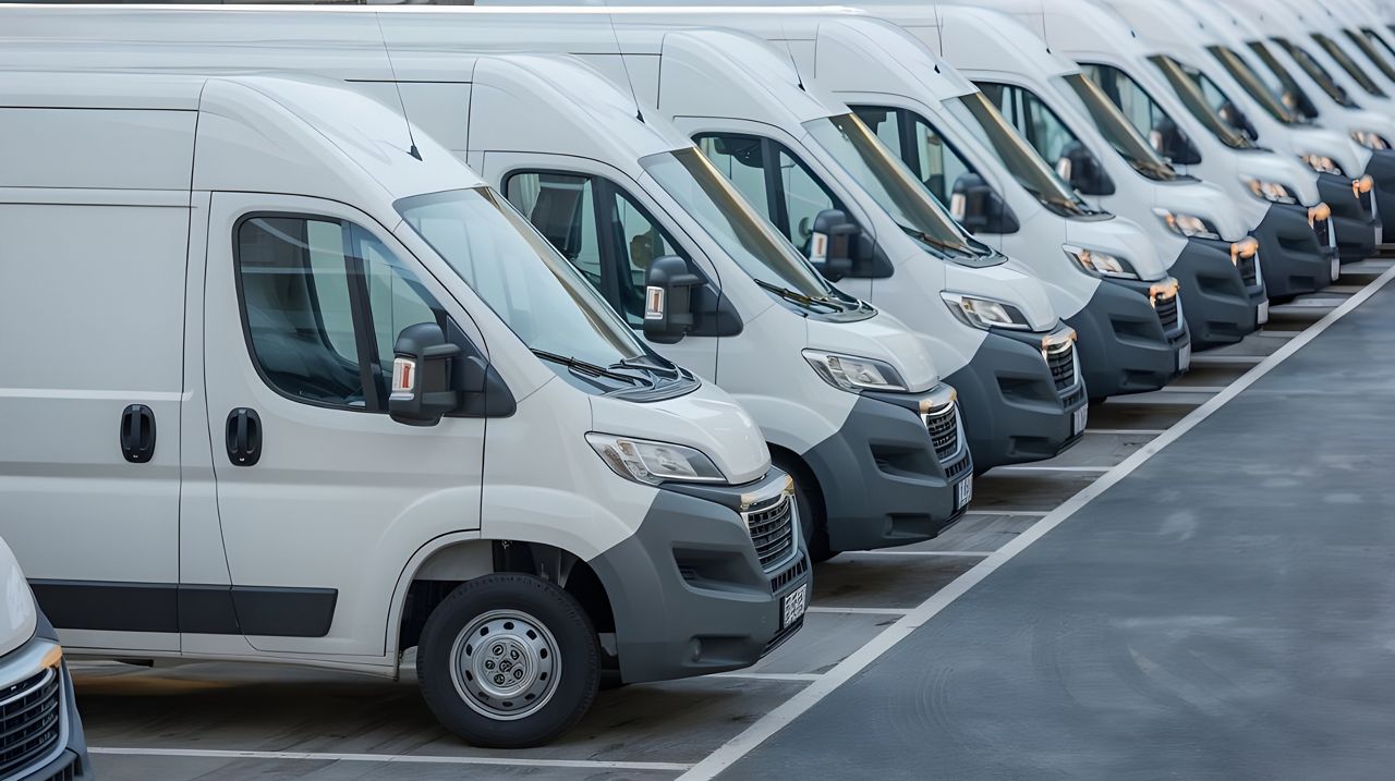 Row of white delivery vans