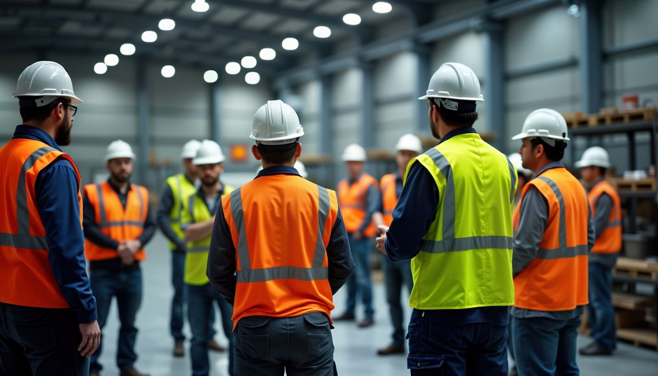 Group of workers having a safety meeting in an industrial warehouse