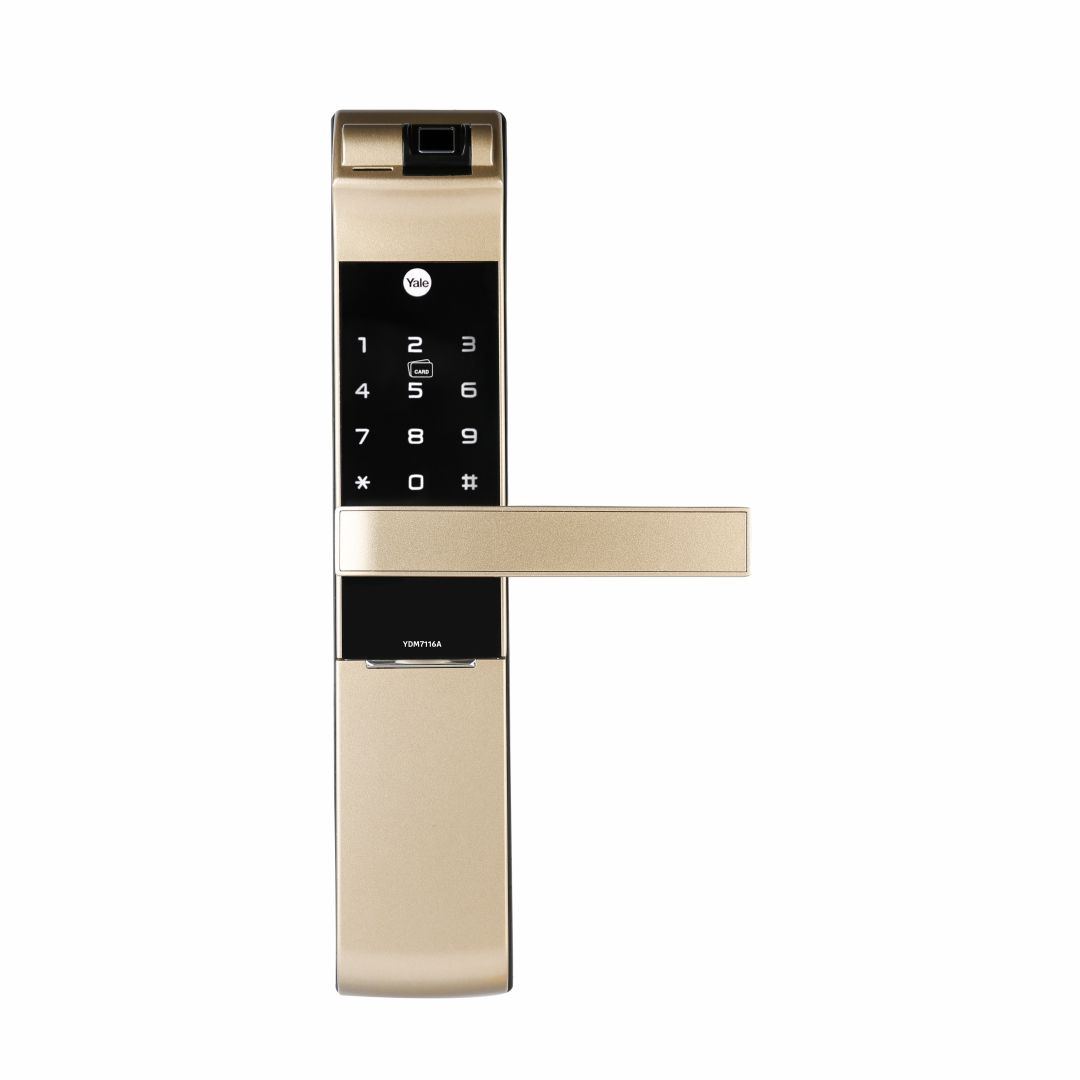YDM7116A comes in three elegant colours – Matt Black, Champagne Gold and Red Bronze along with an advanced fingerprint scanner as well as a keypad. 