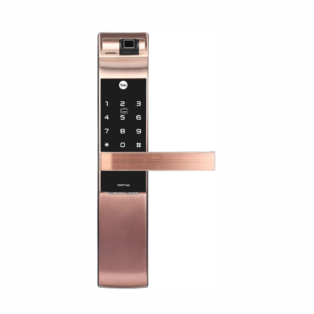 YDM7116A comes in three elegant colours – Matt Black, Champagne Gold and Red Bronze along with an advanced fingerprint scanner as well as a keypad. 