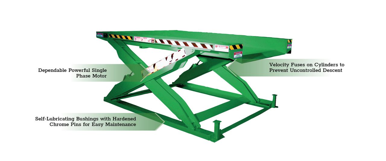 The KZL Series Zero Lift Table with green callout boxes highlighting key features.