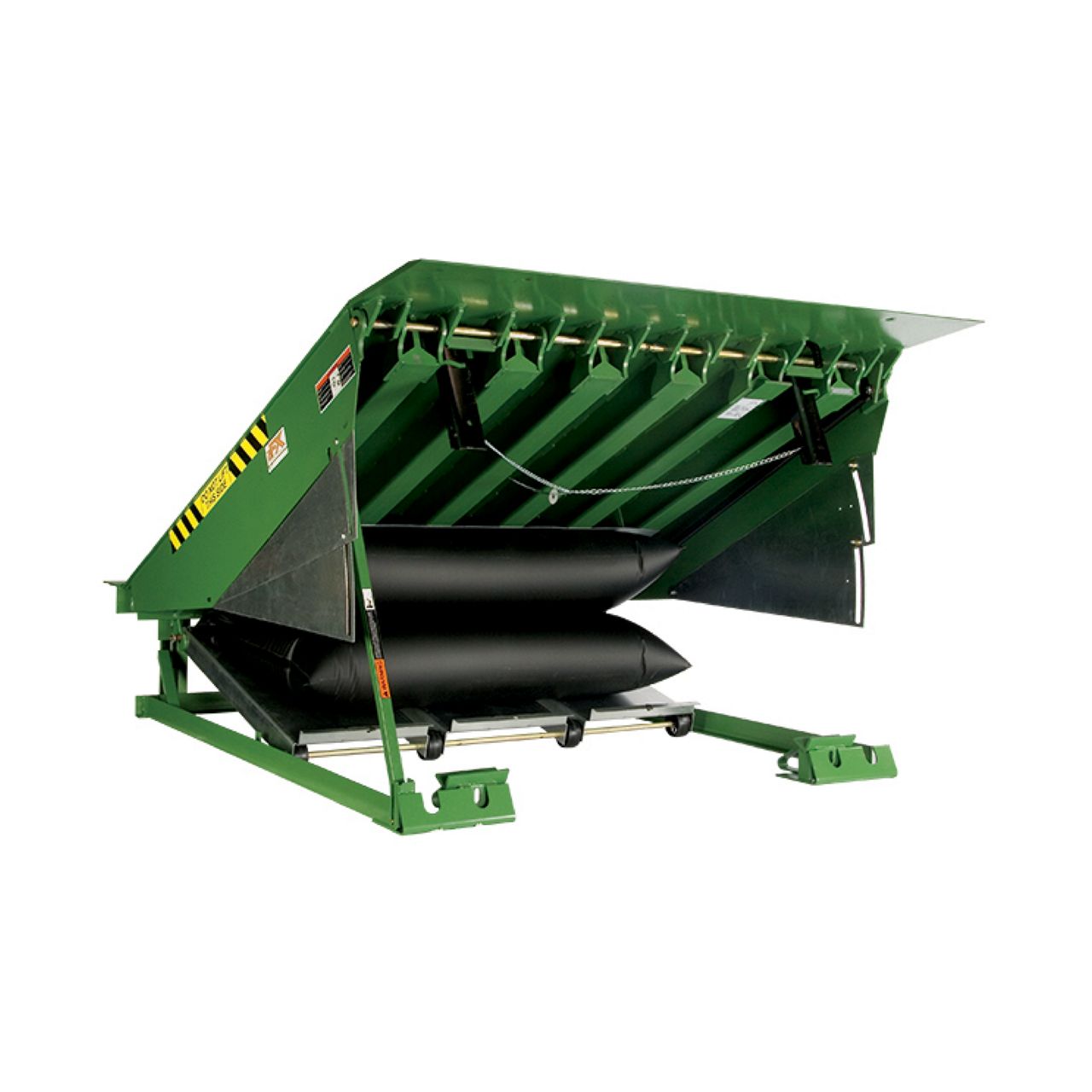  Left view of an air-powered pit-style loading dock leveler.