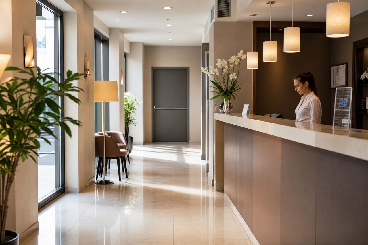 Image: APOGEO 300 Series panic exit device in a hotel