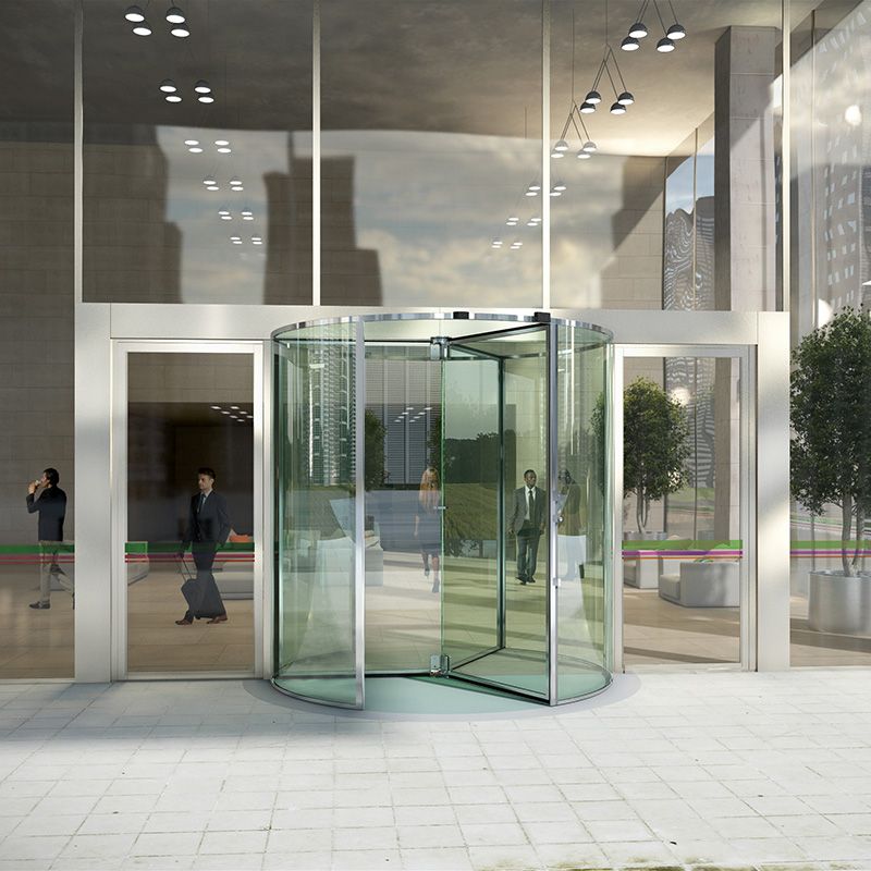 ASSA ABLOY 必盛 RD300 系列水晶旋转门办公楼出入口图示。