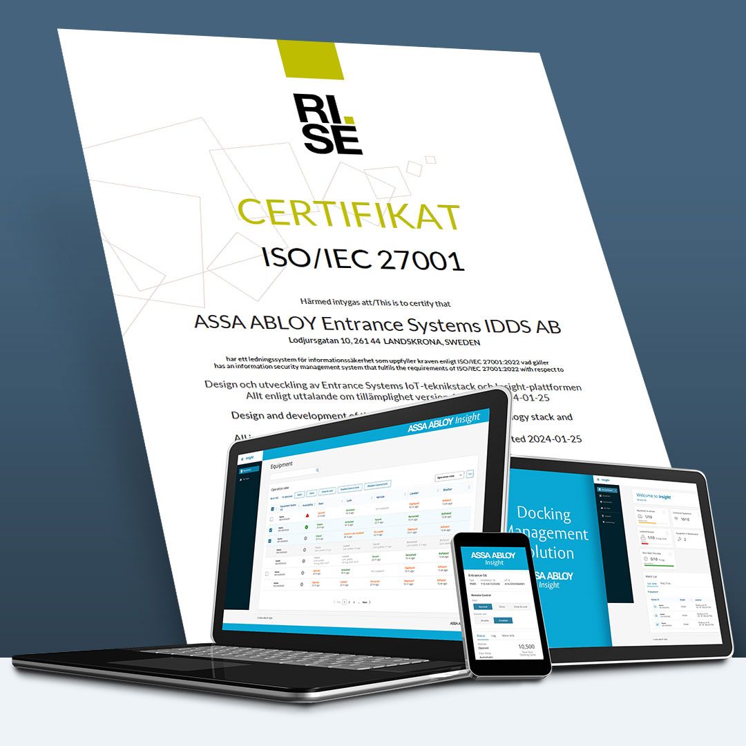 afdruk van certifikaat ISO/IEC 27001 en een aantal digitale ASSA ABLOY applicaties
