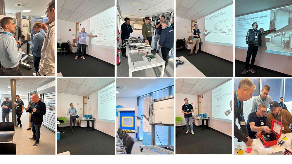 Een collage van foto's met techniekers die een training volgen over poorten in het trainingscentrum in Melle.