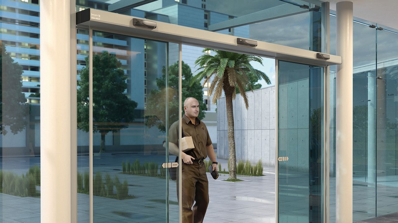 Illustration of a delivery man walking through sliding glass doors.