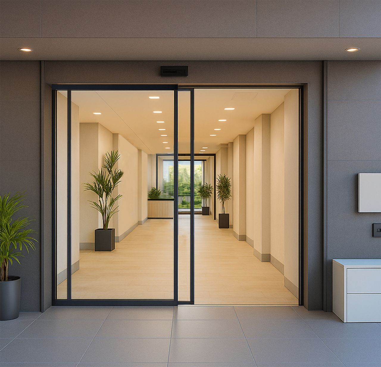 Automatic sensor sliding door at showroom entrance, designed for wide access and modern display spaces.