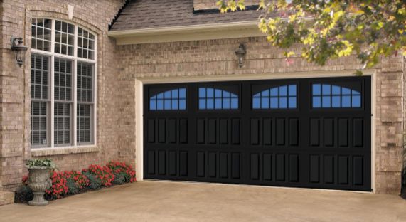 Amarr Classica Bordeaux garage door with seine windows in black